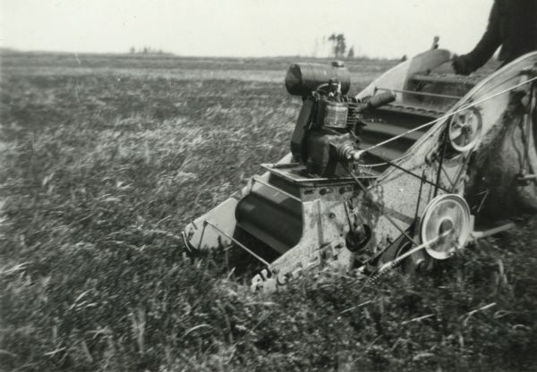 Mechanical cranberry picker in the field. A man is standing behind the picker.