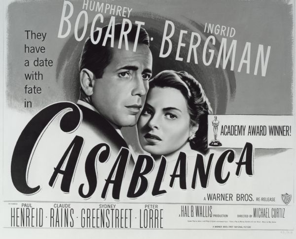 Humphrey Bogart and Ingrid Bergman in a poster still for the Warner production "Casablanca" (Warner 1942).
