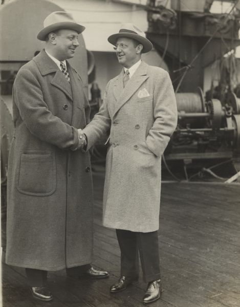 Original caption attached to the print: "Emil Jannings German movie star arrived today. Emil Jannings, German actor who was born in Brooklyn in 1886 returned to his native land on the Hamburg-American liner 'Albert Ballin.' Mr. Jesse Lasky is greeting him." In fact, Jannings was born in Switzerland, but along with his three-year contract with Paramount came a revision in his life story which made him American by birth and two years younger.