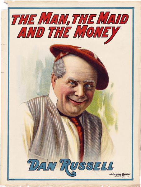 Color lithograph poster. Title runs across top and the poster features a portrait of Dan Russell, whose name runs across the bottom. The famous comedian ran a company named "Dan Russell's Matinee Girls" under the sometimes-management of M. L. Moore and Frank D. Atley, and this poster may refer to a performance in Lake Charles, LA in late April of 1930, although it may have served as a generic advertisement for the entire tour.