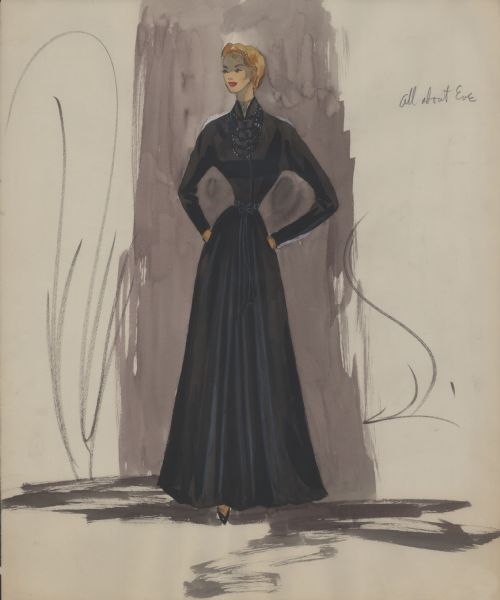 Watercolor and gouache over graphite sketch on paper of a long black gown with a black bow at the waist designed for "All About Eve" (Twentieth Century-Fox 1950).