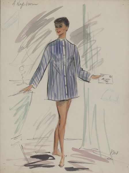Pencil, ink, gouache, and watercolor design for a blue and white striped collarless pajama shirt for Audrey Hepburn in "Sabrina" (Paramount 1954).