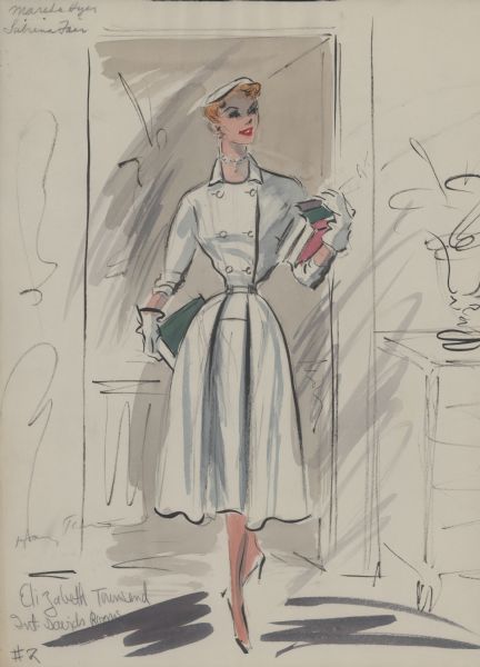 Pencil, ink, watercolor, and gouache design for a white mid-calf street dress for Martha Hyer to wear in "Sabrina" (Paramount 1954). The top of the dress is double-breasted with two rows of white buttons. White high heeled shoes are suggested and a small white hat and short string of pearls. The character carries books in her arms. In pencil is written "Elizabeth Townsend" and "Int. David's Rooms." In the finished film, the character's name was Elizabeth Tyson.