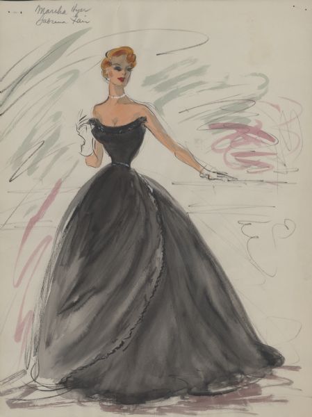 Pencil, ink, watercolor, and gouache design for a black, off the shoulder evening gown for Martha Hyer to wear in "Sabrina" (Paramount 1954). She wears white gloves, a short string of pearls, and perhaps pearl earrings.