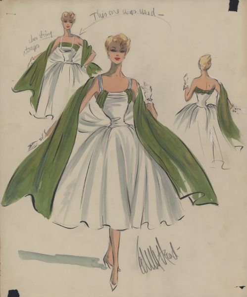 Pencil, ink, watercolor, and gouache designs for a glamorous knee length white dress with a bright green wrap. Three sketches are included including a view from behind and an alternate treatment of the top. The design is signed in pencil by Edith Head. The film for which this design was made has not been identified.