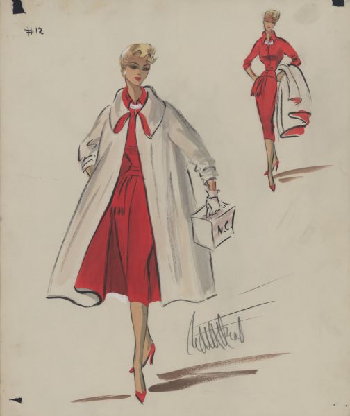 Pencil, ink, watercolor, and gouache design for a bright red knee-length skirt and tight fitted elbow-length jacket. Also included are a white cape (with red lining), red high-heeled shoes, a small boxy white purse with the initials N.C., and two short strings of white pearls. A smaller view shows the outfit with the cape off. The design is signed in pencil by Edith Head.