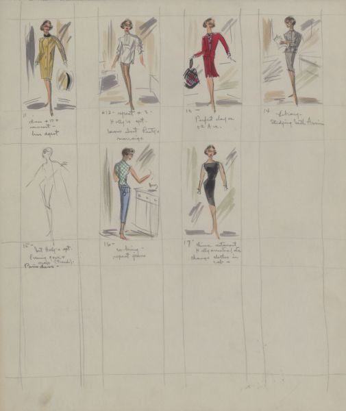 Seven views of the fronts and backs of Edith Head costume designs in pencil, ink, gouache, and watercolor, including dresses, slacks, raincoats, and tops designed for Audrey Hepburn in "Breakfast at Tiffany's" (Paramount, 1961).