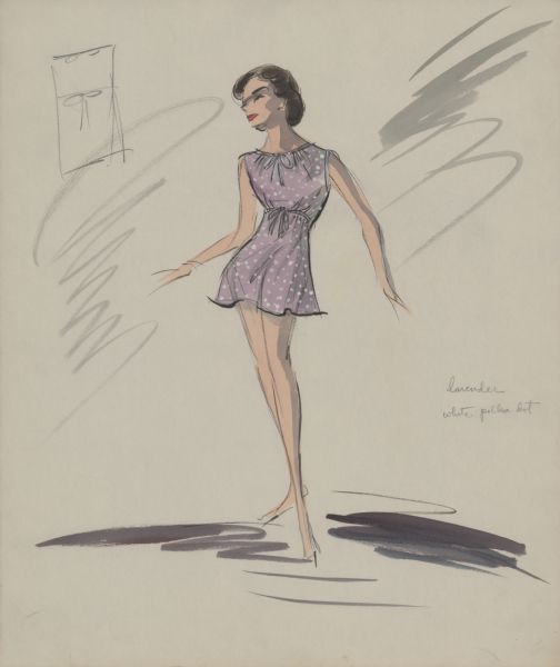 Pencil, ink, gouache, and watercolor design for a lavender and white polka dot romper with drawstrings at the waist and neck for Audrey Hepburn in "Breakfast at Tiffany's" (Paramount, 1961).