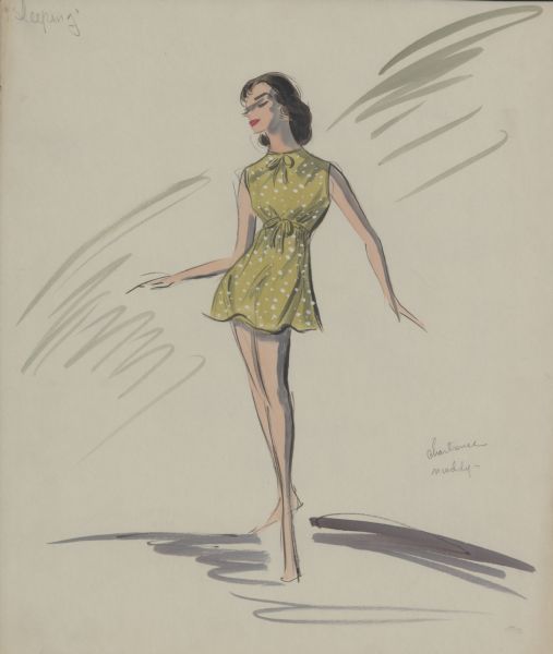 Pencil, ink, gouache, and watercolor design for a chartreuse and white polka dot romper with drawstrings at the waist and neck for Audrey Hepburn's "sleeping" costume in "Breakfast at Tiffany's" (Paramount, 1961).