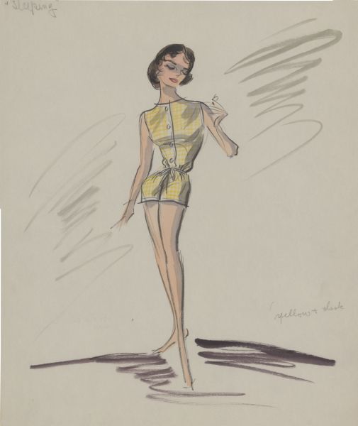 Pencil, ink, gouache, and watercolor design for a yellow and white checked romper with a drawstring at the waist for Audrey Hepburn's "sleeping" costume in "Breakfast at Tiffany's" (Paramount 1961).