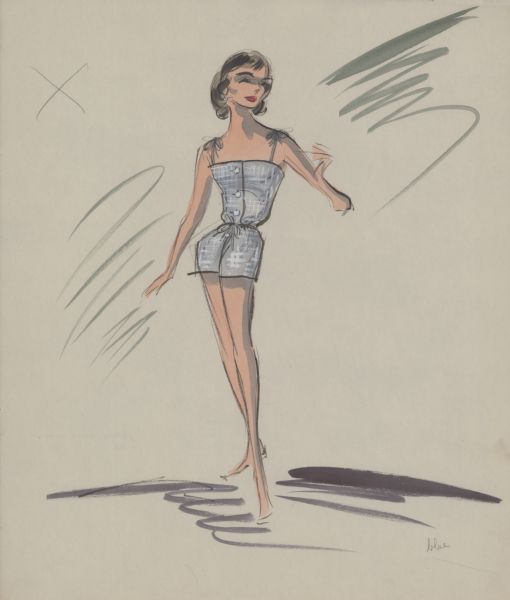 Pencil, ink, gouache, and watercolor design for a blue and white polka dot romper with drawstrings at the waist and shoelace straps for Audrey Hepburn's "sleeping" costume in "Breakfast at Tiffany's" (Paramount, 1961).