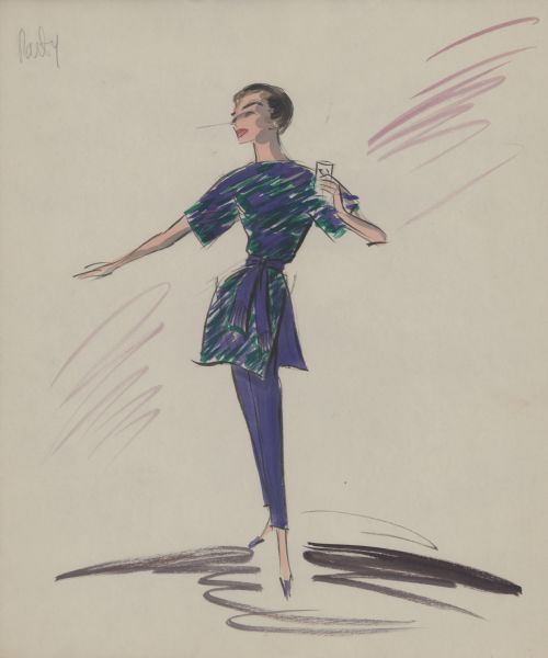 Pencil, ink, gouache, and watercolor design for a purple and green tunic over purple slacks with a purple sash for Audrey Hepburn's "party" costume in "Breakfast at Tiffany's" (Paramount, 1961).