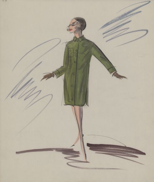 Pencil, ink, gouache, and watercolor design for a long-sleeve green shirt dress with six buttons and one breast pocket for Audrey Hepburn in "Breakfast at Tiffany's" (Paramount, 1961).