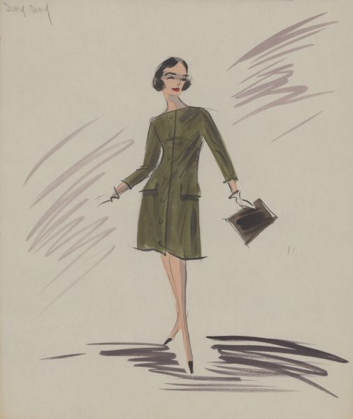 Pencil, ink, gouache, and watercolor design for an olive green, long-sleeve, above-the-knee length dress for Audrey Hepburn's "Sing Sing" costume in "Breakfast at Tiffany's" (Paramount, 1961). The dress has seven large buttons and large pockets with flaps on the hips. It is collarless and is shown with a large brown clutch purse, brown shoes, and short white gloves.