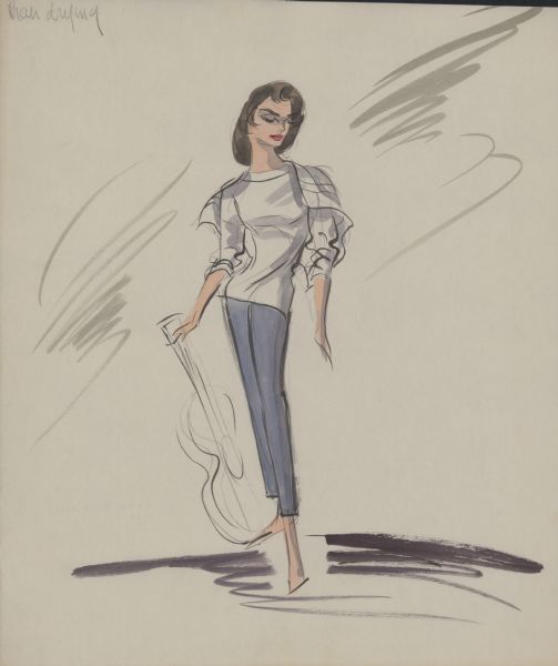 Pencil, ink, gouache, and watercolor design for blue slacks, probably blue jeans, and a white sweatshirt for Audrey Hepburn's "hair drying" costume in "Breakfast at Tiffany's" (Paramount, 1961). The drawing includes a white towel draped on her shoulders and a guitar in her right hand.