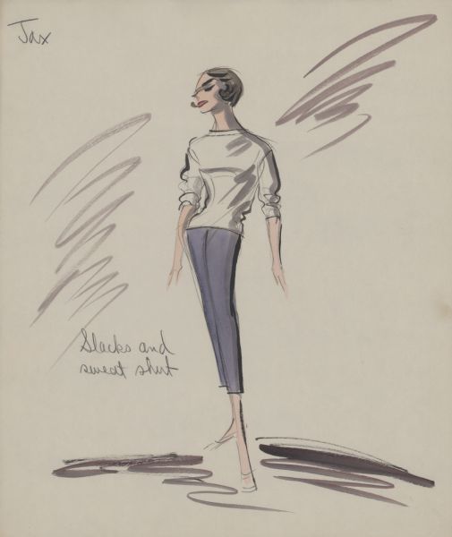 Pencil, ink, gouache, and watercolor design for blue slacks and a white sweatshirt for Audrey Hepburn in "Breakfast at Tiffany's" (Paramount, 1961).