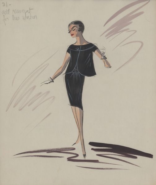 Pencil, ink, gouache, and watercolor design for an above-the-knee length black dress with a short-sleeved black jacket for Audrey Hepburn in "Breakfast at Tiffany's" (Paramount, 1961). A note in pencil reads "add raincoat for bus station."
