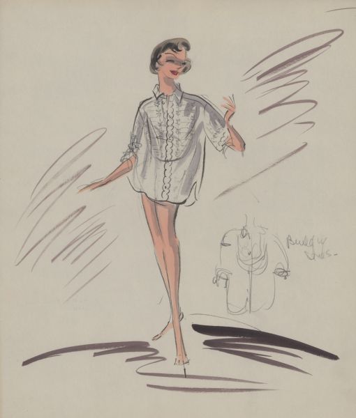 Design in pencil, ink, gouache, and watercolor for a men's tuxedo shirt for Audrey Hepburn in "Breakfast at Tiffany's" (Paramount, 1961). This seems to be an unused alternate design for the costume in image id 78042.