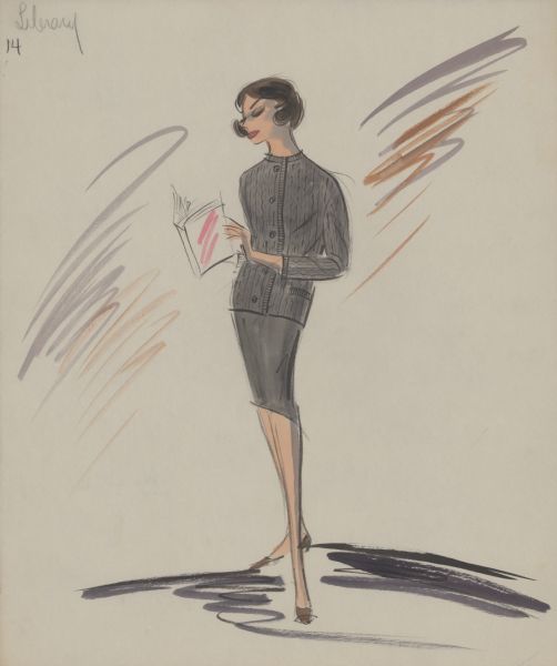 Pencil, ink, gouache, and watercolor design for a gray skirt and gray five-button sweater for Audrey Hepburn's library scene in "Breakfast at Tiffany's" (Paramount, 1961). She is shown holding a book.