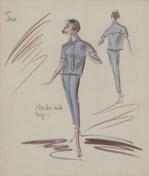 Pencil, ink, gouache, and watercolor design for light blue capri pants and matching short-sleeved blue shirt for Audrey Hepburn in "Breakfast at Tiffany's" (Paramount, 1961). A smaller back view is also on the page.