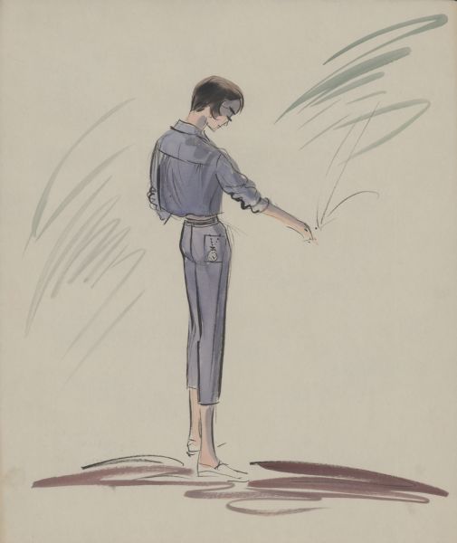 Pencil, ink, gouache, and watercolor design of a rear view of light blue denim capri slacks and matching blue jacket for Audrey Hepburn in "Breakfast at Tiffany's" (Paramount, 1961). A pocket watch on a chain is shown hanging from a hip pocket.