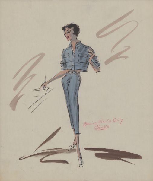 Pencil, ink, gouache, and watercolor design of light blue denim capri pants and matching blue jacket with two large breast pockets for Audrey Hepburn in "Breakfast at Tiffany's" (Paramount, 1961).  This is probably the front view of the design in Image ID: 89617. On it is the note in red pencil "Denim slacks only. Double."