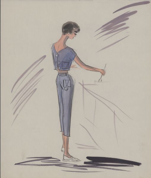 Pencil, ink, gouache, and watercolor design of a rear view of light blue denim capri slacks and matching blue jacket for Audrey Hepburn in "Breakfast at Tiffany's" (Paramount, 1961). A pocket watch on a chain is shown hanging from a hip pocket. The jacket buttons down the back, has short sleeves, and a back pocket. The figure is stirring something with a spoon.