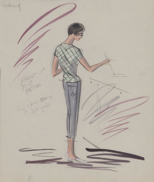 Pencil, ink, gouache, and watercolor design of a rear view of light blue denim capri slacks and a broadly checked green and white pullover for Audrey Hepburn in "Breakfast at Tiffany's" (Paramount, 1961). A pocket watch on a chain is shown hanging from a hip pocket. The figure is stirring something with a spoon. A note in pencil reads "plain or print pullover."