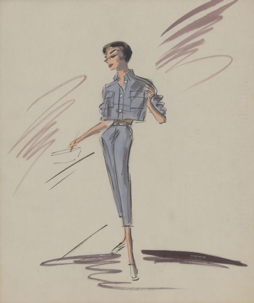 Pencil, ink, gouache, and watercolor design of light blue denim capri pants and matching blue jacket with two large breast pockets for Audrey Hepburn in "Breakfast at Tiffany's" (Paramount, 1961). This is nearly identical to Image ID: 89620 but on the back of this design are approvals from producers and the itemized costs to produce the costume.