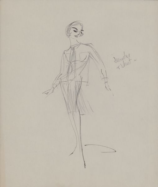 Pencil and ink design for a pleated skirt and sweater for Audrey Hepburn in "Breakfast at Tiffany's" (Paramount, 1961). This appears to be an incomplete design related to the finished drawing in Image ID: 89611.