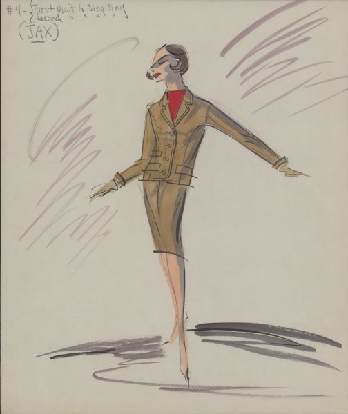 Pencil, ink, gouache, and watercolor design of a coffee colored skirt and matching jacket with red pullover for Audrey Hepburn in "Breakfast at Tiffany's" (Paramount, 1961). The jacket has lapels, four buttons, and three pockets. Notes in pencil read: "#4- First visit to Sing Sing," "Second visit to Sing Sing," and "JAX."