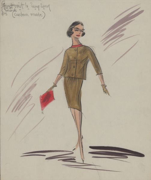 Pencil, ink, gouache, and watercolor design of a coffee colored skirt and matching jacket with red pullover for Audrey Hepburn in "Breakfast at Tiffany's" (Paramount, 1961). The jacket is collarless and has sleeves that end just past the elbow. A red clutch purse and brown gloves are shown. Notes in pencil read: "#4- First visit to Sing Sing," "Second visit to Sing Sing," and "custom made."