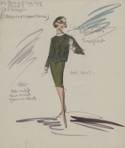 Pencil, ink, gouache, and watercolor design of a green skirt and green tweed jacket with white pullover for Audrey Hepburn in "Breakfast at Tiffany's" (Paramount, 1961). The jacket is collarless with long sleeves and four buttons. White gloves are shown. Notes in pencil read: "#4- First visit to Sing Sing," "Second visit to Sing Sing," "B.H. Wragge," and "I. Magnin & Neiman Marcus."