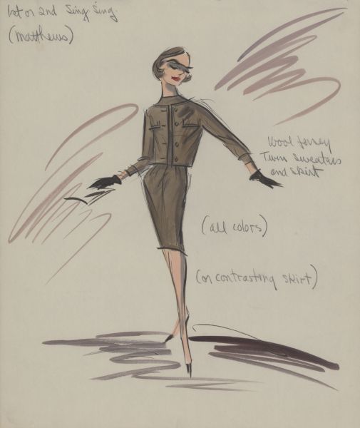 Pencil, ink, gouache, and watercolor design of a brown skirt and matching jacket with brown pullover for Audrey Hepburn in "Breakfast at Tiffany's" (Paramount, 1961). The jacket is collarless with long sleeves and two breast pockets. Black gloves are shown. Notes in pencil read: "1st or 2nd Sing Sing (Matthews)."