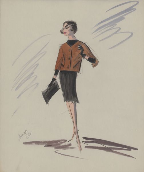 Pencil, ink, gouache, and watercolor design of a black pleated skirt and brown jacket over a black pullover for Audrey Hepburn in "Breakfast at Tiffany's" (Paramount, 1961). The jacket is collarless with sleeves that end just past the elbow, two pockets set on an angle, and four buttons. Black gloves are shown and a black clutch purse. Notes in pencil read "change color."