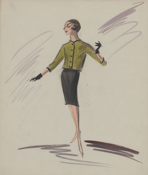 Pencil, ink, gouache, and watercolor design of a black skirt and light green jacket for Audrey Hepburn in "Breakfast at Tiffany's" (Paramount, 1961). The jacket is collarless with sleeves that end just past the elbow, black trim, and five buttons. Black gloves are shown.