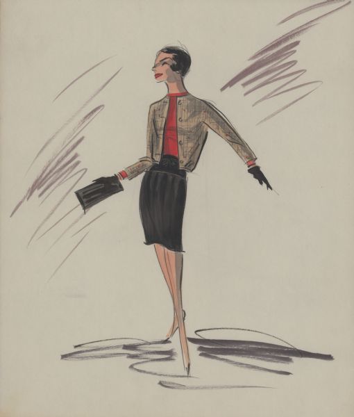 Pencil, ink, gouache, and watercolor design of a black skirt and brown tweed jacket over a red pullover for Audrey Hepburn in "Breakfast at Tiffany's" (Paramount, 1961). The jacket is collarless with long sleeves and four buttons. Black gloves and a black clutch purse are shown.