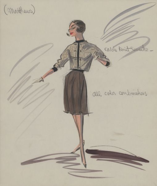 Pencil, ink, gouache, and watercolor design of a brown skirt and beige four-button cable-knit sweater over a black pullover for Audrey Hepburn in "Breakfast at Tiffany's" (Paramount, 1961). Beige gloves are shown. A note in pencil reads: "(Matthews)."