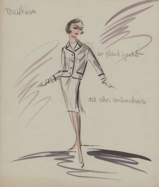 Pencil, ink, gouache, and watercolor design of a white, or perhaps ivory, skirt and plaid jacket for Audrey Hepburn in "Breakfast at Tiffany's" (Paramount, 1961). The white plaid jacket has two pockets, long sleeves, a small collar, and black trim. White gloves are shown. A note in pencil reads: "Matthews."