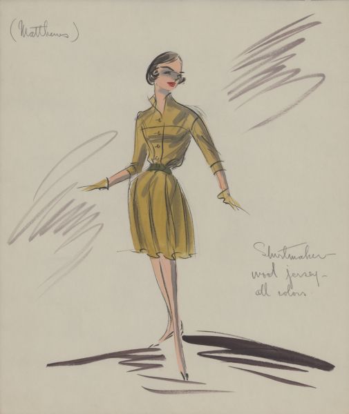 Pencil, ink, gouache, and watercolor design for a three-quarter sleeve citrine green shirt dress with four buttons, a belted waist, and matching gloves for Audrey Hepburn in "Breakfast at Tiffany's" (Paramount, 1961). Notes in pencil read: "Matthews" and "shirtmaker wool jersey--all colors."