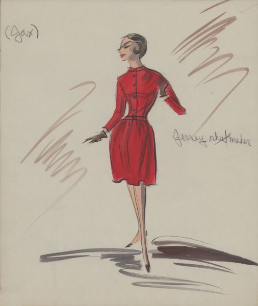 Pencil, ink, gouache, and watercolor design for a long sleeve red shirt dress with five buttons, a belted waist, and brown gloves for Audrey Hepburn in "Breakfast at Tiffany's" (Paramount, 1961). Notes in pencil read: "JAX" and "jersey shirtmaker."