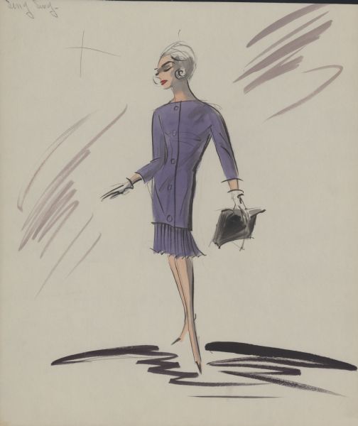 Pencil, ink, gouache, and watercolor design for a purple pleated skirt and matching long-sleeved, collarless tunic with five buttons for Audrey Hepburn in "Breakfast at Tiffany's" (Paramount, 1961). White gloves and a black clutch purse are shown. A note in pencil reads: "Sing Sing."