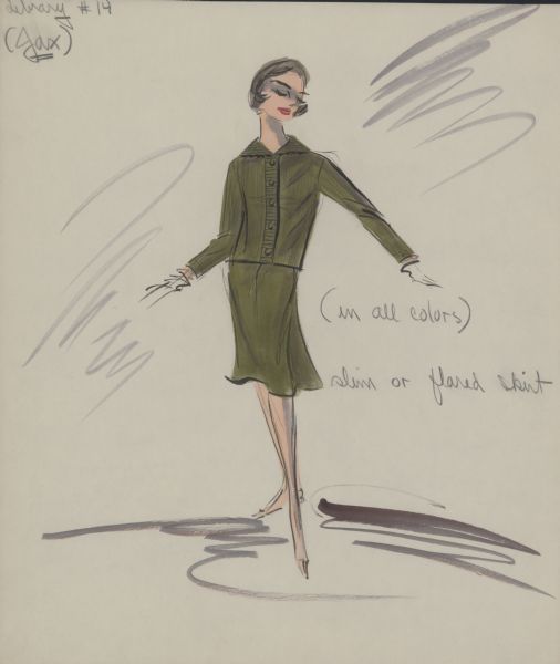 Pencil, ink, gouache, and watercolor design of a green skirt and matching long-sleeve, five-button sweater jacket for Audrey Hepburn in "Breakfast at Tiffany's" (Paramount, 1961). White gloves are shown. A note in pencil reads: "Library #14, JAX."