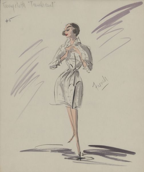 Pencil, ink, gouache, and watercolor design for a white half-length terry cloth belted trench coat for Audrey Hepburn in "Breakfast at Tiffany's" (Paramount, 1961).