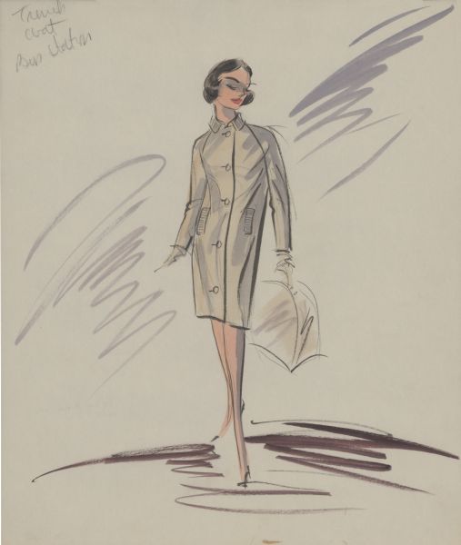 A drawing in pencil, ink, gouache, and watercolor of a design for a beige trench coat with five buttons and two pockets for Audrey Hepburn in the bus station scene in "Breakfast at Tiffany's" (Paramount, 1961).