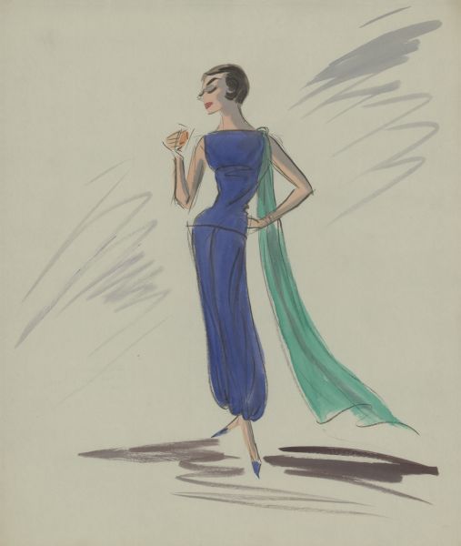Pencil, ink, gouache, and watercolor design of royal blue harem pants and matching shell top with a long, flowing aqua scarf for Audrey Hepburn in "Breakfast at Tiffany's" (Paramount, 1961).