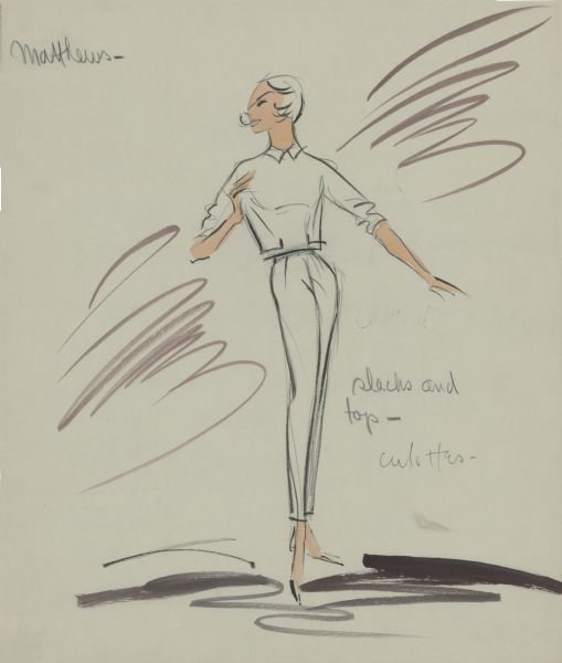 Pencil, ink, gouache, and watercolor design for white slacks and a white pullover for Audrey Hepburn in "Breakfast at Tiffany's" (Paramount, 1961). Notes in pencil read: "Matthews" and "slacks and top--culottes."