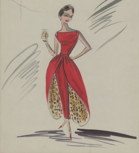 Pencil, ink, gouache, and watercolor design for a red, sleeveless dress with leopard print lining that has a dramatic cutaway in front revealing red ankle-length slacks underneath. This was an alternate for Audrey Hepburn's party costume in "Breakfast at Tiffany's" (Paramount 1961).