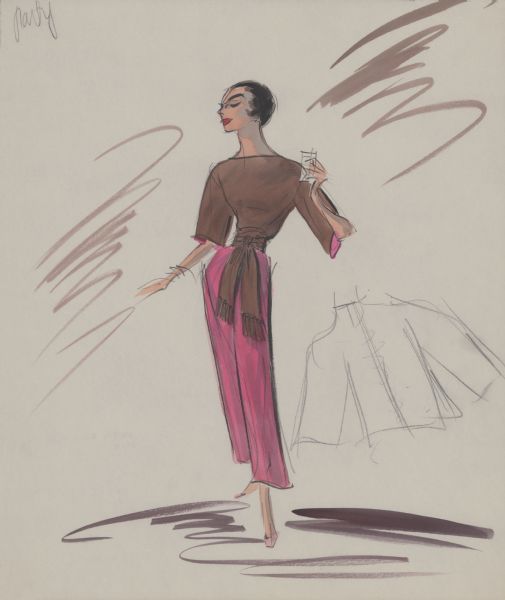 Pencil, ink, gouache, and watercolor design for a brown half-sleeve collarless tunic with a wide brown sash over pink, wide-legged pants. This is an alternate design for Audrey Hepburn's party costume in "Breakfast at Tiffany's" (Paramount 1961).