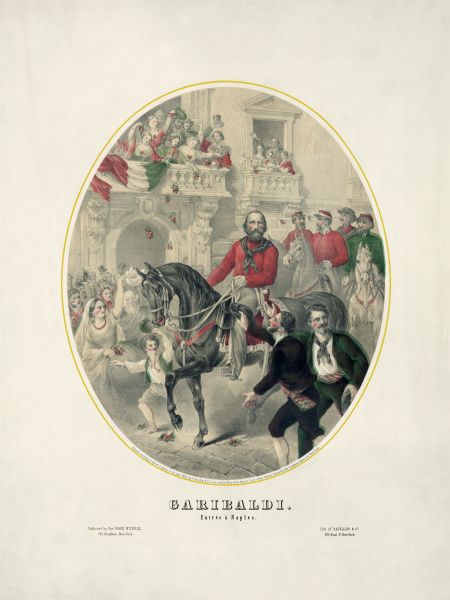 This color lithograph shows Giuseppe Garibaldi and his red shirts entering Naples, Italy, on horseback as women shower them with flowers. This is a romantic depiction of the events of September 7, 1860, one of the stages in the reunification of Italy.